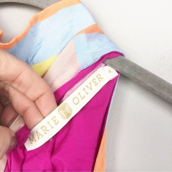 MARIE OLIVER | Striped Multicolor Silk High Neck Drop Waist Dress Women’s Small - Picture 8 of 9